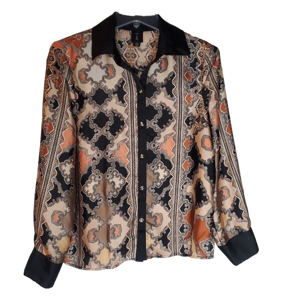 Violet B. Scarf Print Long Sleeve Button Up Collared Blouse Size Small